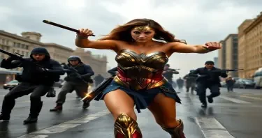 Sarah Michelle Gellar as Wonder Woman, engaged in a titanic battle against mercenaries hired by her political enemies in the city she protects, on the broad boulevards of the city just as an afternoon storm--clouds, wind, and rain--arrives.