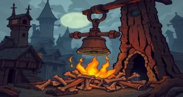 A cartoon gothic rusted bell swings in a toppled tower above a makeshift pyre of bones in the city of Mordheim.