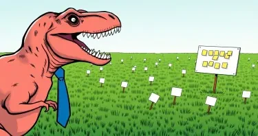 A T-Rex wearing a tie on the left of view. He is seen in profile. His mouth is wide open. The T-Rex is looking across a large field of green. Randomly across the green fields are index cards on sticks sticking out of the ground, and one white board with several sticky notes on it.