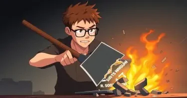 A software developer with short brown hair and glasses smashing his laptop with an axe in his hands. the laptop is broken into pieces and burning.