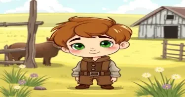 a cartoon drawn little boy with brown hair and green eyes at age 11 on a farm. This is for a children's book so make him cute, innocent and likeable for the reader to look at. I would like the same character doing the following: wearing 1885 western clothes. https://www.imagiyo.com/images/mxkaz6Y5aJ0P/view