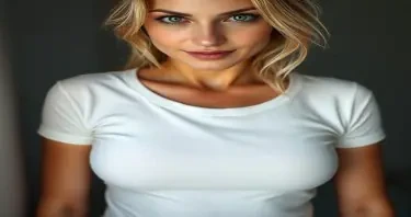 close-up portrait of a beautiful blonde woman with very large natural breasts, wearing a thin, tight white cotton t-shirt slightly damp from post-shower,  shirt stretched over her chest and clinging to her body, but fully covering everything with no nipples visible,  fabric is slightly wrinkled and hugs the curves, seductive green eyes, asymmetrical soft smile, tousled wet blonde hair falling naturally,  bare shoulders and collarbones visible, natural skin texture, no makeup, light freckles and subtle blush,  soft daylight from a side window, shallow depth of field, photographic style, realistic and intimate atmosphere