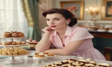 1950s style woman looking at the viewer sitting in front of a table covered with fancy pastries and cakes