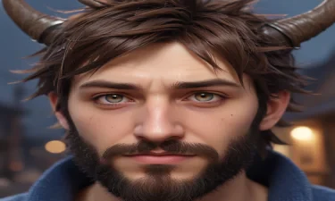 a close up of a man with horns and a beard, a character portrait by senior character artist, polycount contest winner, computer art, unreal engine 5, unreal engine, rendered in unreal engine, bright clear pixar neon eyes, playing with playground by Nomeradona. , cute big circular reflective eyes, Pixar render, unreal engine cinematic smooth, intricate detail