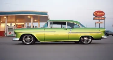 create an image of a 1955 chevy, metalic lime green, hot rod wheels and tires, at a gas station in southern california in 1972