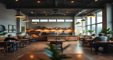 A cozy, modern cafe interior, viewed from a corner seat, looking toward the counter and kitchen area. The cafe is spacious, about 80 square meters, with an open central area completely empty of furniture. Around the perimeter, six people are seated sparsely at various tables, engaged in quiet activities like reading or sipping coffee. Warm ambient lighting from pendant lamps and soft daylight through large windows create a calm and inviting atmosphere. The cafe features wooden flooring, minimalistic decor in earthy tones, potted plants in corners, and a clean counter with an espresso machine and baked goods. Use a slight depth of field effect, foreground slightly blurred, focus on the counter and the staff behind it. Ultra realistic, cinematic lighting, high detail, 4K quality.