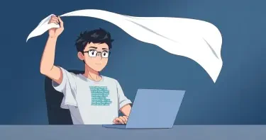 A Software-Developer sitting in front of his laptop. The laptop display shows code lines on it. The developer is raising a white flag above his head..