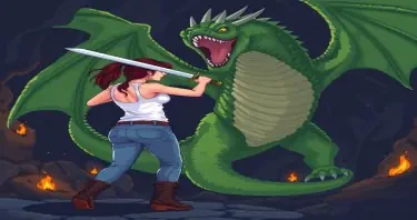 A woman wearing a white tank top and jeans with hiking boots holding a sword. Ready to swing her sword. Facing a large green dragon. She's fighting a large green dragon that looms over her, rearing it's head back ready to strike. Setting is a dark cave lit with torches