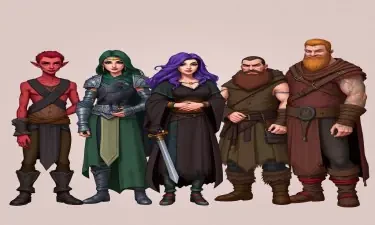 A five member dungeons and dragons adventuring party consisting of: A red-skinned thin male elven bard, an adrogynous female half-elf cleric/warlock wearing chainmail with a shadow raven familiar,  a curvy female half-elf warlock with purple hair wearing robes, a short but wide male dwarven ranger, and a very tall male half-giant barbarian/paladin.