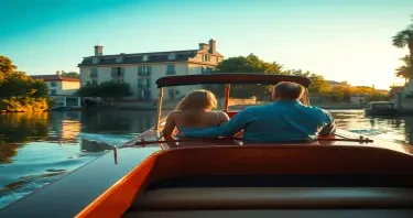 A couple enjoying a slow 40 foot cabin cruser ride along the Canal du Midi, reflections in the calm water, warm summer afternoon