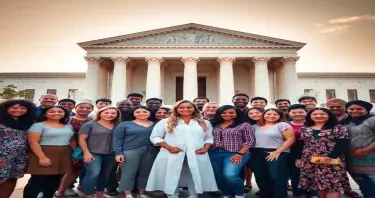 A vibrant and eclectic group of individuals from diverse racial and ethnic backgrounds, including people of African American, Asian, Caucasian, Hispanic, Indigenous, Middle Eastern, Pacific Islander, South Asian, and Southeast Asian descent, as well as individuals with disabilities, non-binary and LGBTQ+ identities, and people of mixed heritage, gather together in a mixed-sex group in front of the historic and iconic United States Supreme Court building in Washington D.C., standing confidently and optimistically in a unified front, facing directly towards the camera with a mix of determined and hopeful expressions on their faces, as they bask in the warm and golden light of the afternoon sun casting a sense of serenity and tranquility upon the scene, with the majestic structure of the Supreme Court building serving as a powerful backdrop, its grandeur and beauty a testament to the enduring principles of justice and equality that it represents, and the group's collective presence a celebration of the diversity and resilience that defines the American spirit.