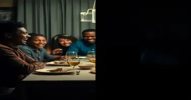 A split-image concept of a black family: On the left, a family laughing at a dinner table. On the right, a dimly lit, empty chair at the same table (symbolizing loss) Make sure the chair is visible.
