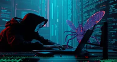 A Software-Developer hunting bugs in a cyberpunk setting. The bugs are manifested as real bugs build from binary code.