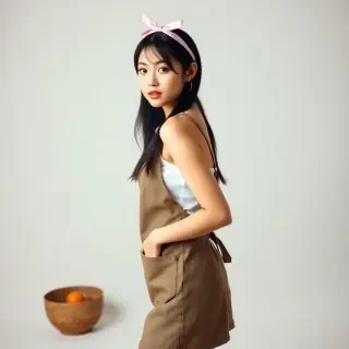 A young Asian woman in her twenties. She is wearing a one-piece kitchen apron, with the skirt length ending approximately 4 inches above the knees. A pink ribbon is tied on top of her head. She has long, black hair styled casually, with delicate makeup, slightly dazed eyes, and pouty lips. She has a slender figure that meets beauty pageant standards with distinct curves.  The woman is positioned slightly to the left of the center frame, with her head turned to the left but her gaze looking slightly forward. The background is a professional Japanese-style photo studio setting, creating a soft and relaxed atmosphere.  The shot is framed as a full-body portrait, capturing her entire figure, with the composition emphasizing her posture and expression. The overall style is realistic with soft lighting, creating a casual yet charming vibe.