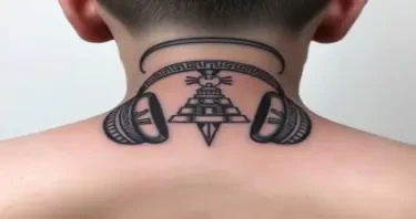 Anchored at the upper spine/base of the neck 	•	Curves outward across the trapezius to the tops of both shoulders 	•	Earcup designs sit just behind the shoulders — not on the scapulae 	•	There’s no tattoo on the back of the neck itself 	•	The central arch rests between C6–T1 vertebrae — right at the nape, but lower than typical collar ink 1. HEADPHONE TATTOO (NECK/UPPER BACk and chest) 	•	Style: Mayan-stylized headphones — thick curved arcs mimicking audio coils, wrapped in stepped temple glyphs.