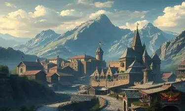medieval city between mountains close up market fantasy