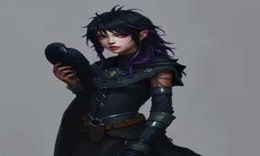 A 5E dnd character who is a half-elf cleric and warlock sworn to the mother of shadows. She wears chain mail, is slightly androgynous, has shoet black hair with purple streaks, and has a shadowy raven familiar.