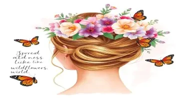 A dreamy and elegant illustration of a woman seen from behind, with her hair styled in a soft bun wrapped in golden strands. Her hair is adorned with a lush crown of blooming wildflowers in shades of blush pink, lavender, plum, and peach. Surrounding her are watercolor-style leaves and butterflies, especially bright monarch butterflies fluttering nearby. The overall style is whimsical and feminine, with a soft white background and light pink splashes. Include the handwritten phrase ‘Spread kindness like wildflowers’ flowing along the side of the woman in a delicate script. The artwork combines hand-drawn line work with watercolor textures, perfect for stickers, apparel, or inspirational prints.”