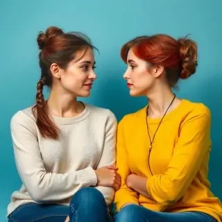 Stwórz obraz edukacyjny pozycji face sitting, gdzie postać damska ma różowy kolor a postać męska ma niebieski kolor. Zaznacz fiyzne cechy kobiety. Obraz z perspektywy profilu