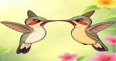 Please create a cartoon drawing of two angry hummingbirds using their beaks like dueling trying to take over another hummingbird's garden for a children's book.