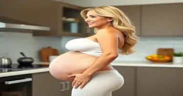 A mature adult woman shown in side profile, standing in a clean, modern kitchen environment. Her body has a highly stylized, maternal hourglass shape with an extremely narrow waist and smooth, rounded hips that extend outward in a full, natural curve — large, firm, and subtly softened by maturity. Her chest is full, lifted, and projects confidently forward, with slight asymmetry that enhances the realism of her figure. Her abdomen remains flat and toned, though faint natural skin texture and minor surface variation suggest lived-in beauty. She has a compact frame with short limbs and a visibly larger head-to-body ratio. Her skin is smooth but not flawless — a few faint lines at the corners of her eyes and slight creases near her mouth accentuate her expressiveness and maturity. Her facial features include clear blue eyes, long lashes, a small refined nose, full lips with soft volume, straight bright teeth, and a strong, well-proportioned jawline. Her cheeks are lifted with a natural softness. Her long, thick blonde hair is styled neatly with volume and slight variation in wave and tone. She is dressed in a tight, fitted blue dress — tailored to emphasize her mature curves, hugging her chest, waist, and hips with confident precision. The lighting is soft and ambient, subtly highlighting the texture and contours of her figure. The background includes modern kitchen elements such as clean countertops, cabinetry, and subtle household details. The image is photorealistic and high resolution, with strong focus on her sexually confident form, natural imperfections, and the sensual contrast between elegance, age, and casual domestic presence.