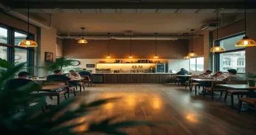 A cozy, modern cafe interior, viewed from a corner seat, looking toward the counter and kitchen area. The cafe is spacious, about 80 square meters, with an open central area completely empty of furniture. Around the perimeter, six people are seated sparsely at various tables, engaged in quiet activities like reading or sipping coffee. Warm ambient lighting from pendant lamps and soft daylight through large windows create a calm and inviting atmosphere. The cafe features wooden flooring, minimalistic decor in earthy tones, potted plants in corners, and a clean counter with an espresso machine and baked goods. Use a slight depth of field effect, foreground slightly blurred, focus on the counter and the staff behind it. Ultra realistic, cinematic lighting, high detail, 4K quality.
