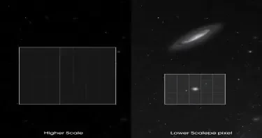 Create a Black and White image that that demonstrates image scale, resolution, and detail as a side-by-side images showing the effect of different image scales:  - **Image A (Higher Scale)**: Show a grid with larger squares (pixels) covering a wider area of the sky. Label it as having a **larger arc-seconds per pixel**.  - **Image B (Lower Scale)**: Show a grid with smaller squares (pixels) covering a smaller area of the sky. Label it as having a **smaller arc-seconds per pixel**.