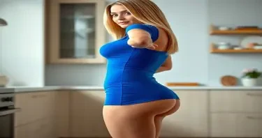 A sexually mature adult woman shown in side profile, standing in a clean, modern kitchen environment. Her body exhibits fully developed adult proportions — an extremely narrow waist, full lifted chest, and maximally rounded glutes that project smoothly backward with anatomical clarity. From the side, her chest is prominently forward-facing, contoured beneath a tightly fitted blue dress that hugs her upper body. Her glutes extend with firm, smooth curvature, balanced by softly contoured hips and a flat, toned abdomen. Her face is partially turned, revealing clear blue eyes, long lashes, a small refined nose, full lips with slight natural asymmetry, straight white teeth, and a forward-projecting, sculpted jawline. Subtle facial lines and lifted cheeks convey composure and sexual maturity. Her long blonde hair is thick and styled neatly, cascading over her back in smooth layers. She is dressed in a sleek, form-fitting blue dress tailored to outline her curves precisely, with particular emphasis on her bust and gluteal projection. The lighting is soft and ambient, casting delicate highlights along her cheekbone, chest, and the outer arc of her hips. The background includes clean, modern kitchen elements such as stone countertops, minimal cabinetry, and soft reflections. The image is photorealistic and high resolution, with strong visual focus on the interplay between her facial structure, chest projection, and the lift and definition of her glutes — expressing refined, sexually mature femininity through confident posture and elegant anatomical emphasis.