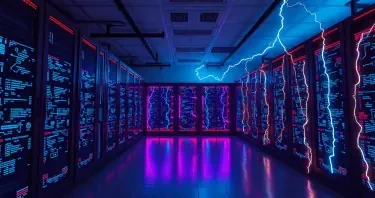 A Server room with dimmed light, screens with matrix-like content.