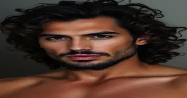 Sexy man with curly long hair and short beard. He is in his twenties. he has thick lips. He is toned but not overly muscular. Aggressive look. Arabic features.