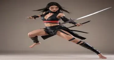 Create a full body female ninja in sword action. She is barefoot and topless with breasts that are defying gravity