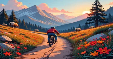 An e-bike ride on a colorful trail in the mountains, with forward views of native animals in the mountain side