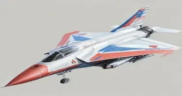 one, MIG 21 style, sleek, single tail, delta-wing, Robotech, Soviet, Sci-Fi, Space jet fighter, on a white background