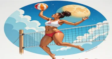 Create a girl basketball player. Her skin tone is dark. Base her off of actress Nathalie Emmanuel.  She is playing beach volleyball on the sunny side of the moon.  She is wearing a cutoff half top shirt that says emphasizes her round firm underboobs as she jumps high in the air for an action shot spiking over the net.  This is a painted watercolour.  She has a straightened light but high Afro