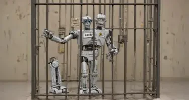 A humaniform robot is standing in a jail cell like the one from the Andy Griffith show. The robot is trying to reach through the bars to a key that is hanging on the wall that is couple of feet out of its reach. The image should have a slightly humorous vibe. The viewpoint is like that of a television scene where the set, character, and props are easily seen and recognized.