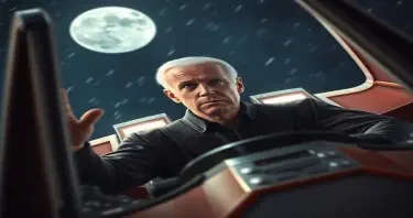 Joe Biden flying a Tie Fighter and looking super confused