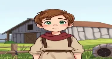 a cartoon drawn little boy with brown hair and green eyes at age 11 on a farm. This is for a children's book so make him cute, innocent and likeable for the reader to look at. I would like images of the same character doing the following: wearing medieval clothing. https://www.imagiyo.com/images/mxkaz6Y5aJ0P/view