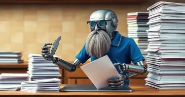 A metal robot with a very thin, partly grey beard and eyeglasses, wearing a blue polo shirt, stands facing forward at a cook's chopping table. On the robot's right is a taller pile of bound notebooks, and on the left is a smaller, neatly stacked pile of paper. The robot holds a multi-function tool, similar to a Swiss Army knife or Leatherman multi-tool, in its left hand and a binder from the notebook pile in its right hand. The robot's hands are blurred, indicating rapid movement as it swiftly reduces the binders into simple paper.