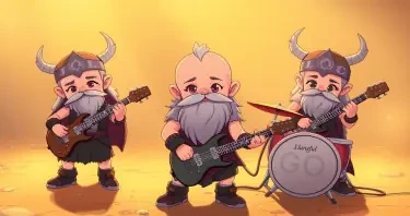 A metal band of baby vikings, looking cute and innocent playing guitars, bass and drums. The lead singer has a long grey beard but no hair on his head.