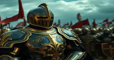 A knight in a suit of shining black and gold armour. Highly detailed. In the background, medieval soldiers are at war. The sky is dark