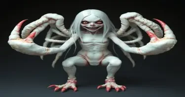 Create a scary albino girl with lobster claws instead of hands, rooster feet and legs instead of human ones, snake eyes instead of human ones.
