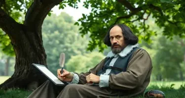 An image showing William Shakespeare sitting under a tree writing on an iPad with a quill pen.