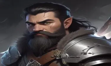 A dungeons and dragons character who is a dwarf ranger. He has a wide build, black hair, grey eyes, weilds a magical bow that creates lightning arrows, and wears a silver breastplate.