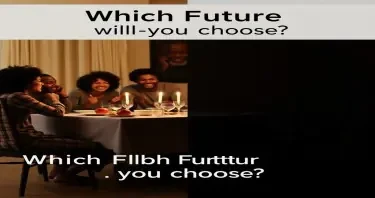 A split-image concept of a black family: On the left, a family laughing at a dinner table (happy, secure). On the right, a dimly lit, empty chair at the same table (symbolizing loss). Overlay text: "Which Future will you choose?