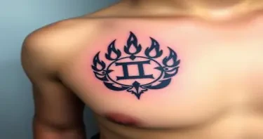 A Filipino bear paw tattoo on the right front pec  with a Gemini symbol in the center