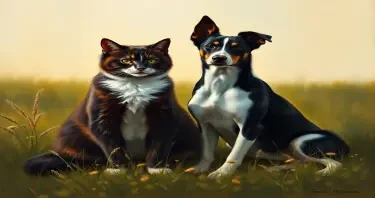 A Rembrandt-style oil painting of a chubby tricolor female cat and a slender female Border Collie with the right side of her face black. They are sitting peacefully in a meadow under soft natural light, with rich shadows, warm golden tones, and classical composition. The scene feels calm and timeless, like a vintage painting from the Dutch golden age.