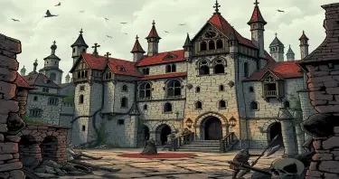 A ruined archive of noble estates drawn in comic gothic style and in Mordheim.