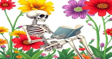 A colorful illustration of a human skeleton seated sideways in a relaxed pose, reading an open book. The skeleton is detailed with a soft smile and bony fingers gently holding the book. It is surrounded by oversized wildflowers in vivid shades of red, yellow, lavender, and pink, with lush green stems and leaves. The flowers tower around the skeleton, giving a magical, enchanted garden feel. The background is soft and dreamy, blending nature and peaceful solitude. The art style is whimsical, botanical, and slightly gothic with rich, vibrant colors.”