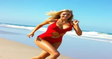 beautiful, dirty blonde, female lifeguard wearing a red swimsuit running on a beach, athletic figure, blue eyes, long legs, large breasts, cleavage. Style is 90s TV