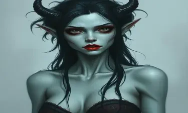 A porcelain-skinned undead elven woman with dark black hair, red lips and a haunting, hungry nature.